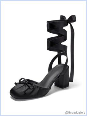 Ballet Heels Bow Closed Square Toe Chunky Block Heel Pumps Satin